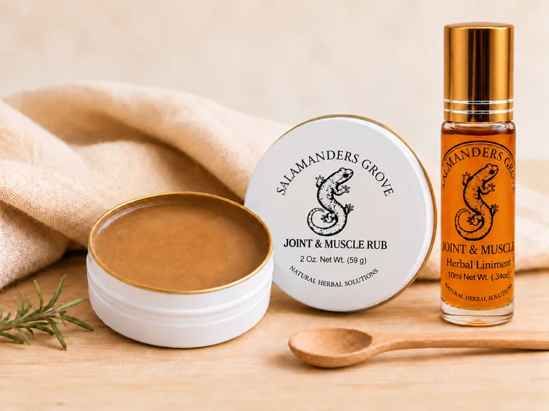 Joint and Muscle Rub tin and Liniment bottle